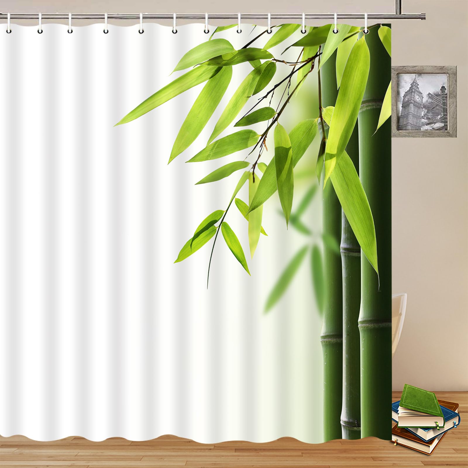 Eco-Friendly Green Bamboo Shower Curtain - Japanese Zen Style Spa Bathroom Decor with Leaf Pattern - 70x70 Inch Polyester Fabric Hanging Set with Hooks - Perfect for Meditation, Relaxation & Nature-Inspired Home Decor