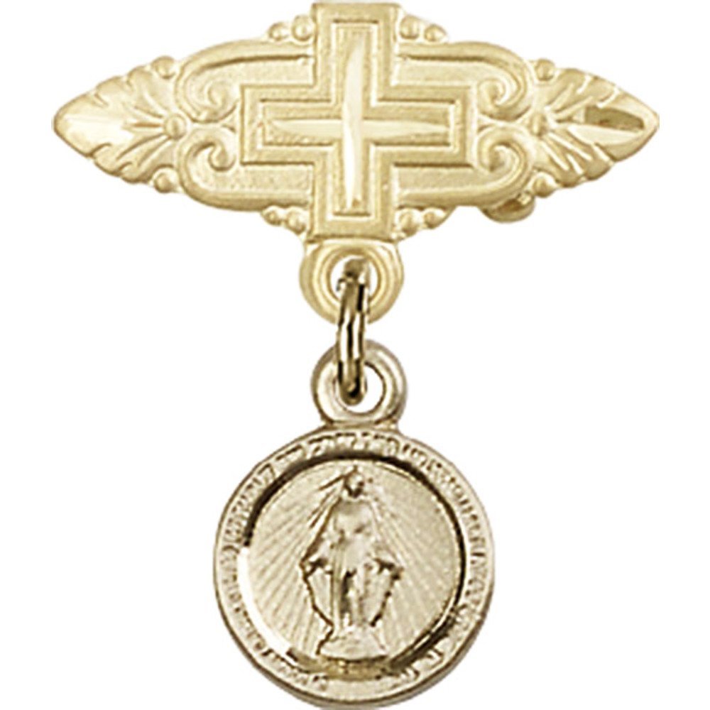 Gold Filled Baby Badge with Miraculous Charm & Cross Pin - 7/8 X 3/4 Inches - Perfect for Baptism, Christening & First Communion Gifts