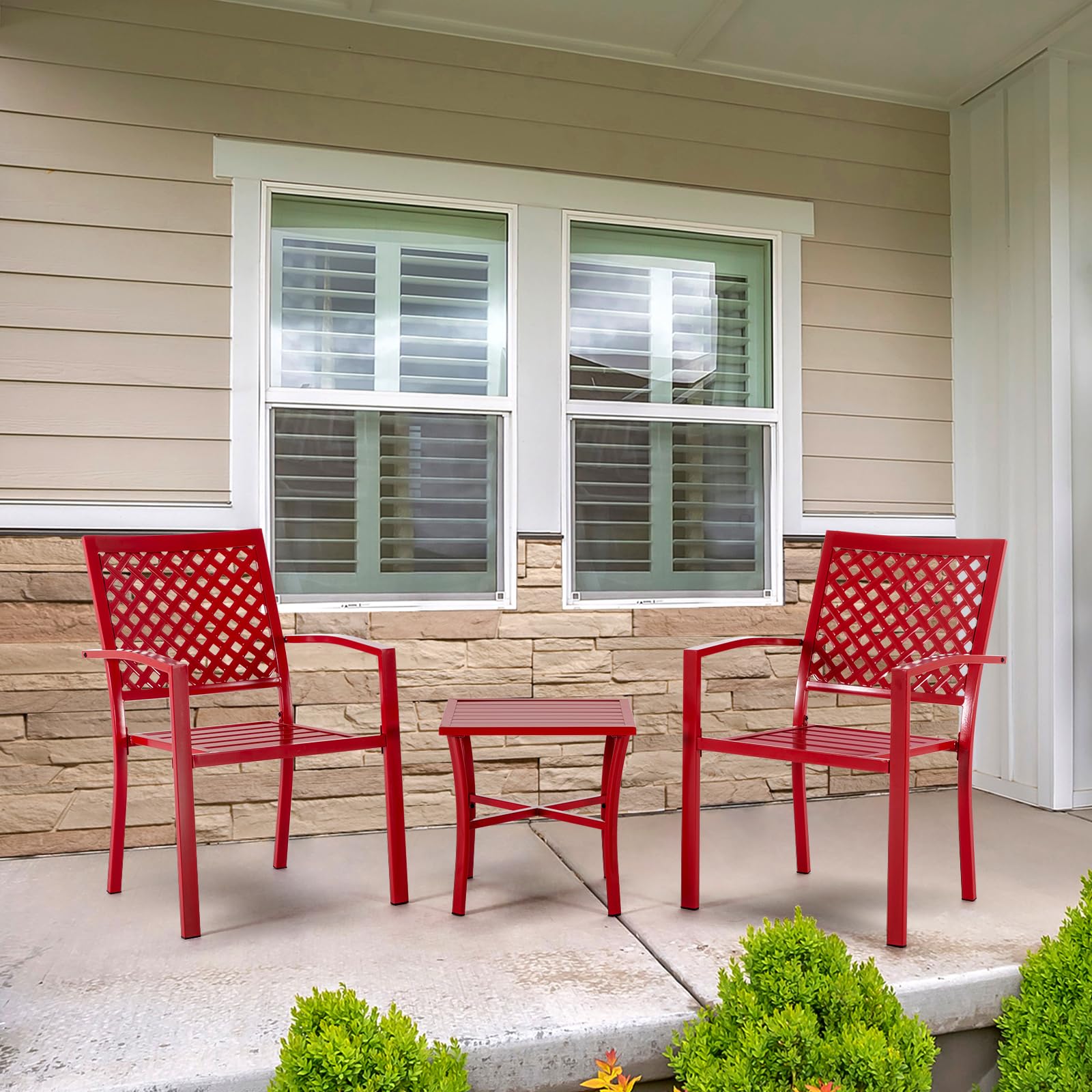3-Piece Outdoor Patio Dining Set - Durable Cast Iron Table & 2 Stackable Chairs, Square Slatted Design for Balcony, Porch, Garden, Backyard - Perfect for Al Fresco Dining, BBQs & Outdoor Entertaining (Red)
