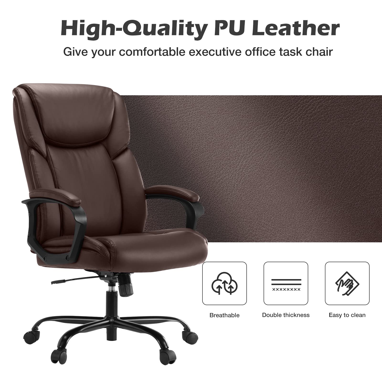Premium Ergonomic Office Chair for Heavy People - High Back PU Leather Executive Desk Chair with Lumbar Support, Adjustable Height & 360° Swivel Wheels - Perfect for Home Office, Gaming & Workspaces