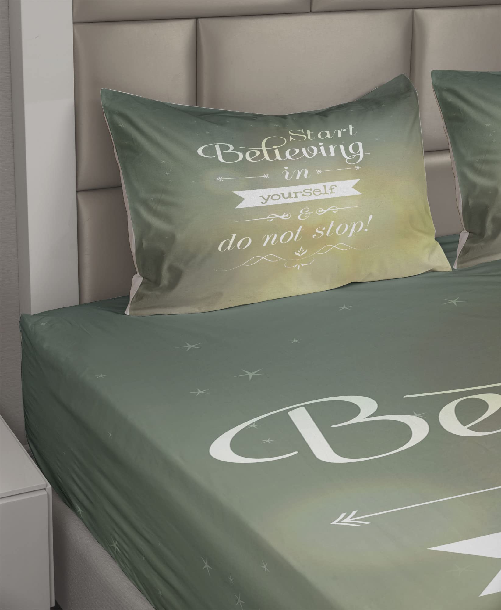 Ambesonne Motivational Sheet Set - 'Start Believing in Yourself' Typographic Design, 4-Piece King Size Bedding Set with Fitted Sheet, Flat Sheet & Pillowcases in Teal & Yellow - Perfect for Home Decor, Guest Rooms & Inspirational Bedroom Makeovers
