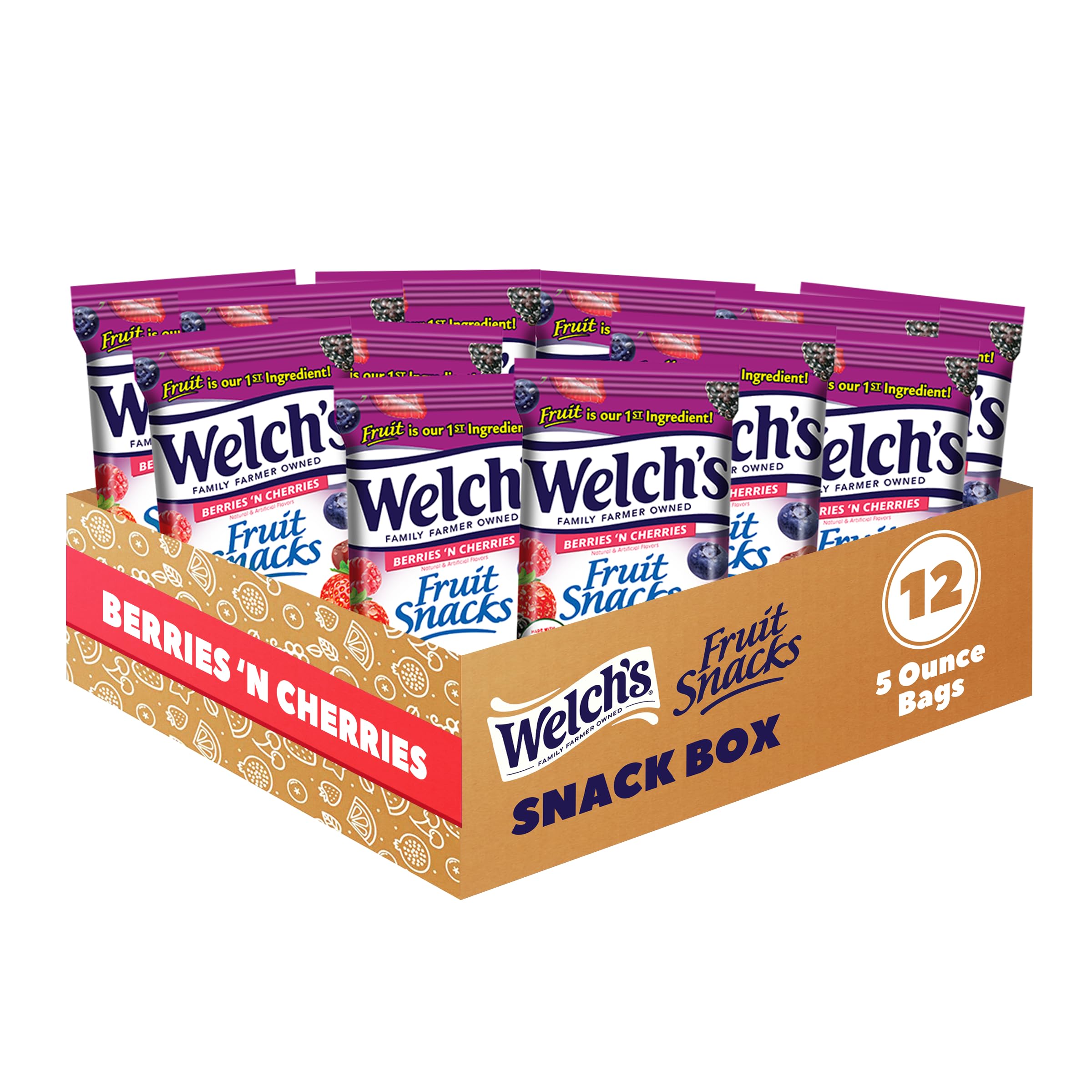 Welch's Mixed Fruit Snacks - Berries 'N Cherries Flavor, 5oz (Pack of 12) | Bulk Healthy Snacks for Kids Lunch Box, School, Office & Road Trips | Gluten Free, No Artificial Flavors