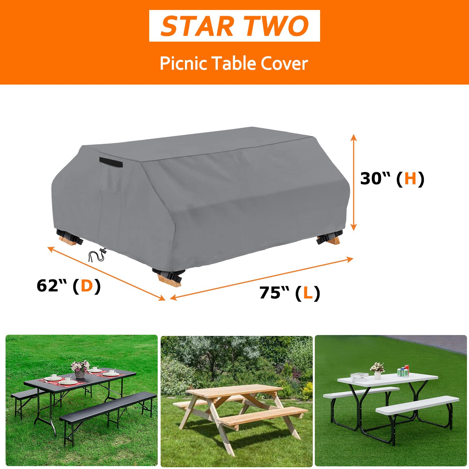 Waterproof Picnic Table Cover for 6 ft Outdoor Table - Windproof 70/72 Inch Grey Patio Bench Cover - Perfect for Backyard BBQs, Camping & Park Gatherings
