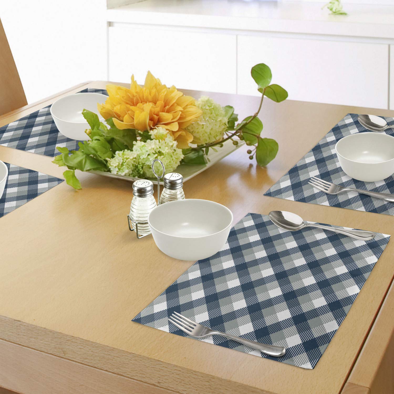 Ambesonne Navy Blue Place Mats Set of 4 - Abstract Checkered Tartan Geometric Pattern Washable Fabric Table Mats for Dining Room & Kitchen Decor - Perfect for Holiday Dinners, Parties & Everyday Use (Dark Blue, White, Grey)