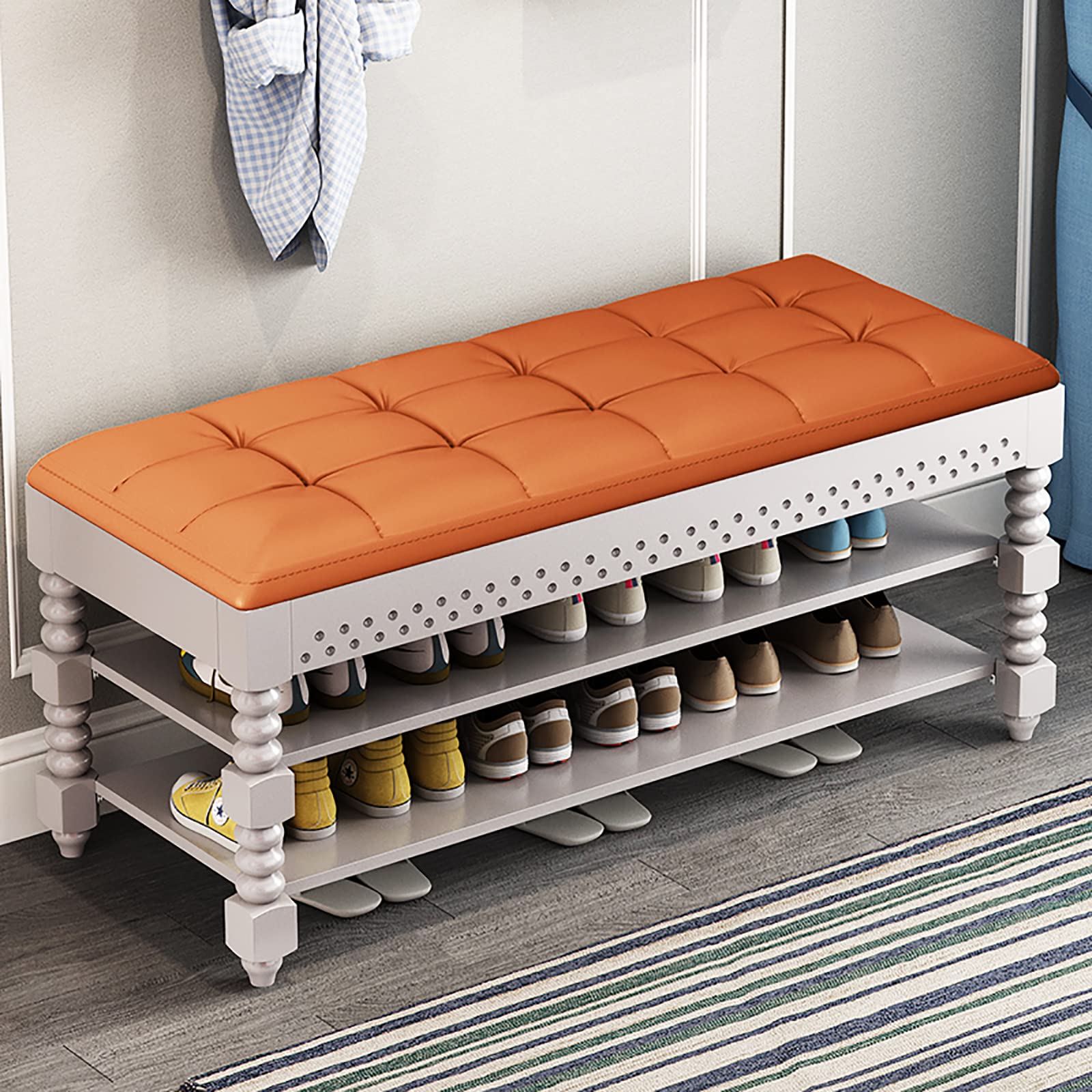 Rustic Entryway Shoe Bench with 2-Tier Storage & Lift Top - Leather Upholstered Shoe Organizer with Acrylic Legs (39x12x19 inches) - Perfect for Small Spaces, Hallway Organization & Mudroom Decor