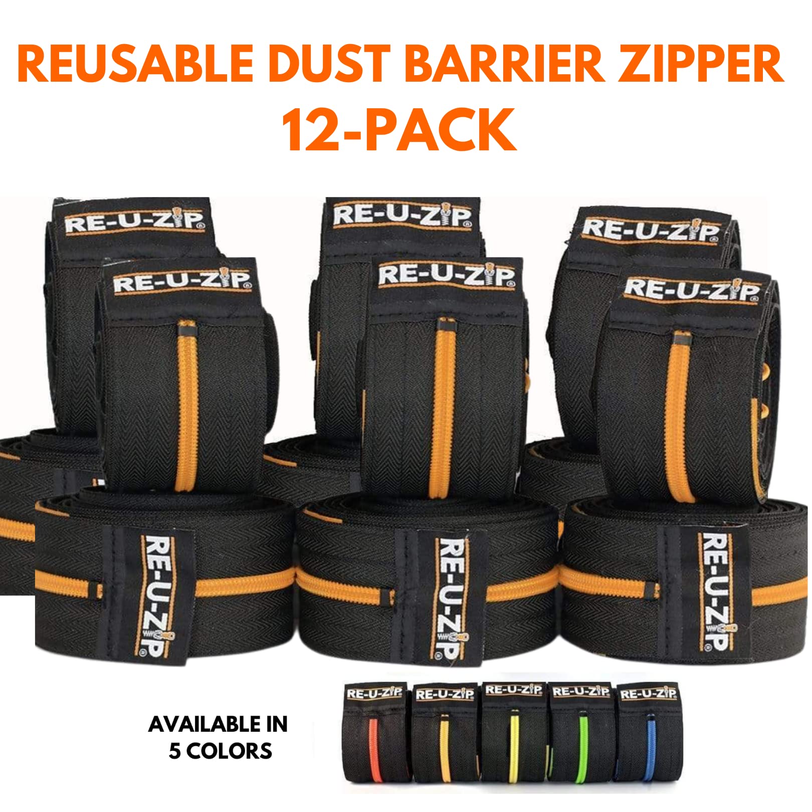 RE-U-ZIP® Heavy-Duty Reusable Dust Barrier Zipper - 12-Pack with Patented Hook & Loop System | Cost-Effective Construction Dust Containment Solution | Lockable Safety Feature for Home Renovation & DIY Projects