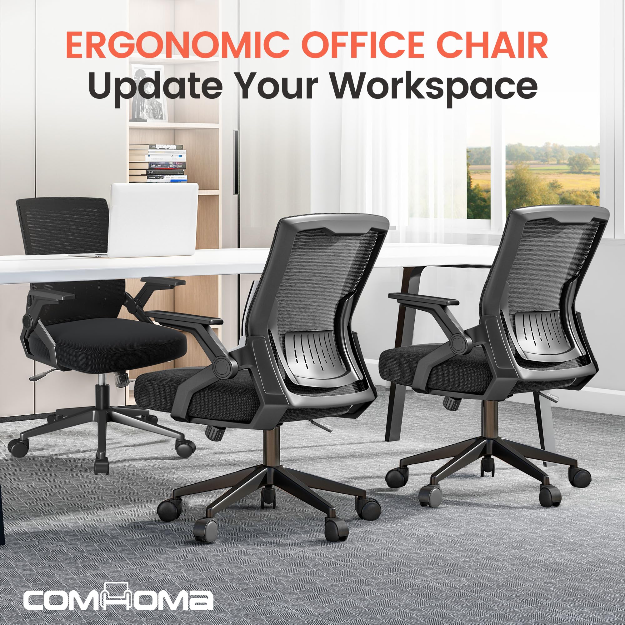 Ergonomic Office Chair with Flip-Up Armrests & Lumbar Support - Adjustable Computer Desk Chair for Home Office, Black (20