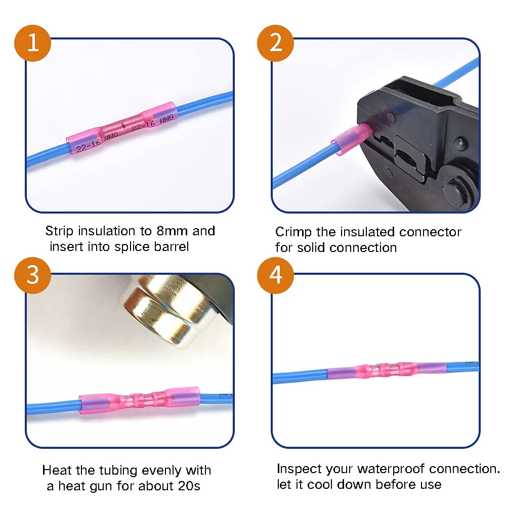 Heat Shrink Butt Connectors 26-24 AWG - Marine Grade Waterproof Electrical Connectors for Boat & Truck Wiring - Weatherproof Crimp Wire Splices for Automotive, Marine & Outdoor Electrical Projects