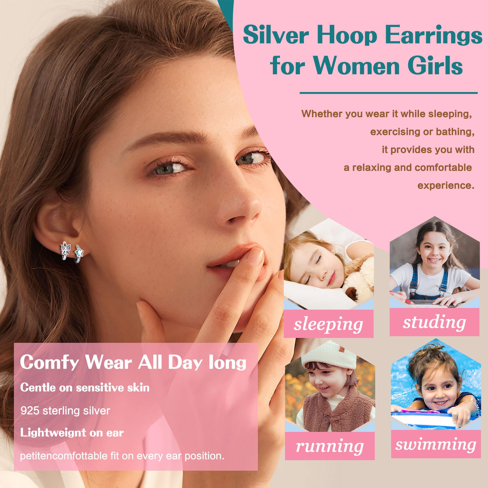 JeweBella 4-Pack Small Silver Hoop Earrings for Women & Girls - Hypoallergenic Pink/Blue Heart Star Butterfly Zirconia Huggie Cartilage Earrings Set | Perfect for Everyday Wear, Gifts & Kids' Fashion Accessories
