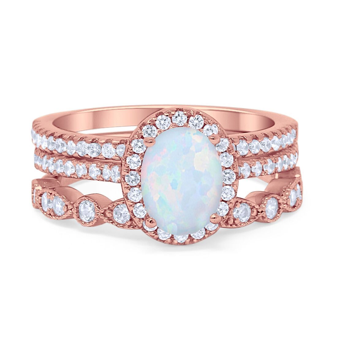 3-Piece Halo Art Deco Wedding Band Set with Oval & Round Cubic Zirconia in 925 Sterling Silver - Choose Your Color | Perfect for Engagement, Anniversary & Bridal Jewelry Gifts