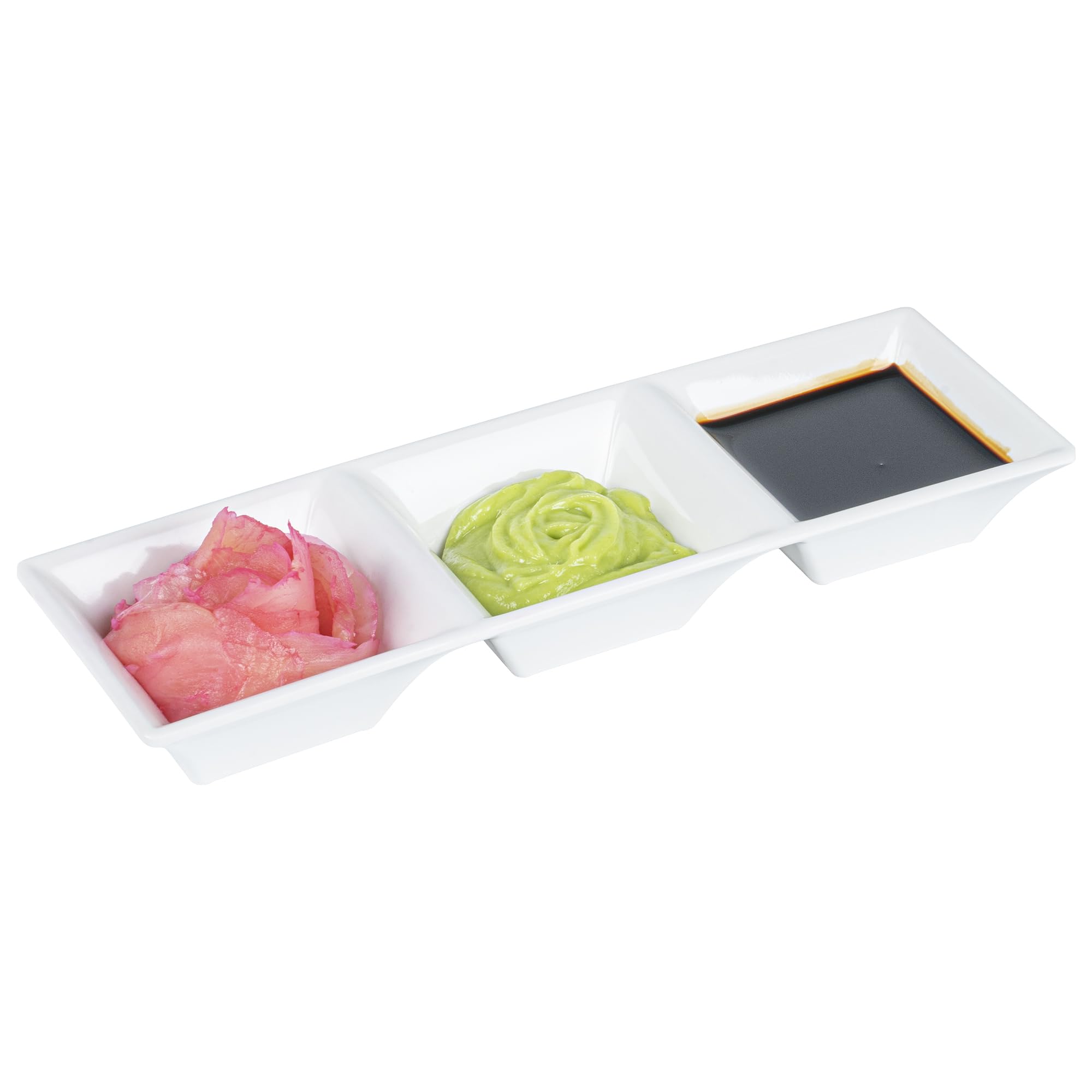 Voga 5 oz Square Melamine Serving Dishes - 3-Compartment Appetizer Plates for Dips, Snacks & Condiments | Party & Event Tableware | Durable White Restaurantware (Set of 10)