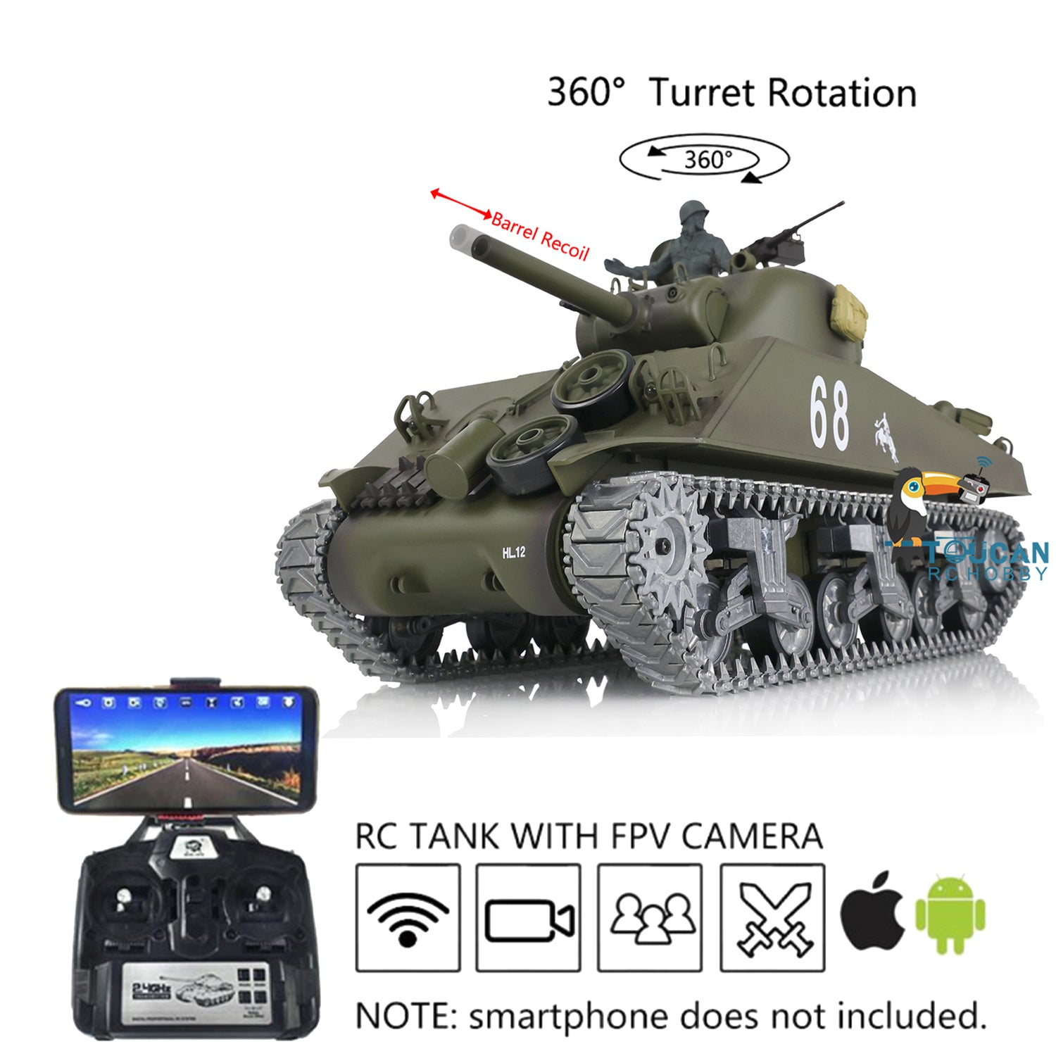 1/16 Henglong Customized M4A3 Sherman RC Tank 3898 - 360° Rotating Turret, FPV Barrel Recoil, Metal Road Wheels & Tracks | Remote Control Military Vehicle for Collectors & Battle Reenactments
