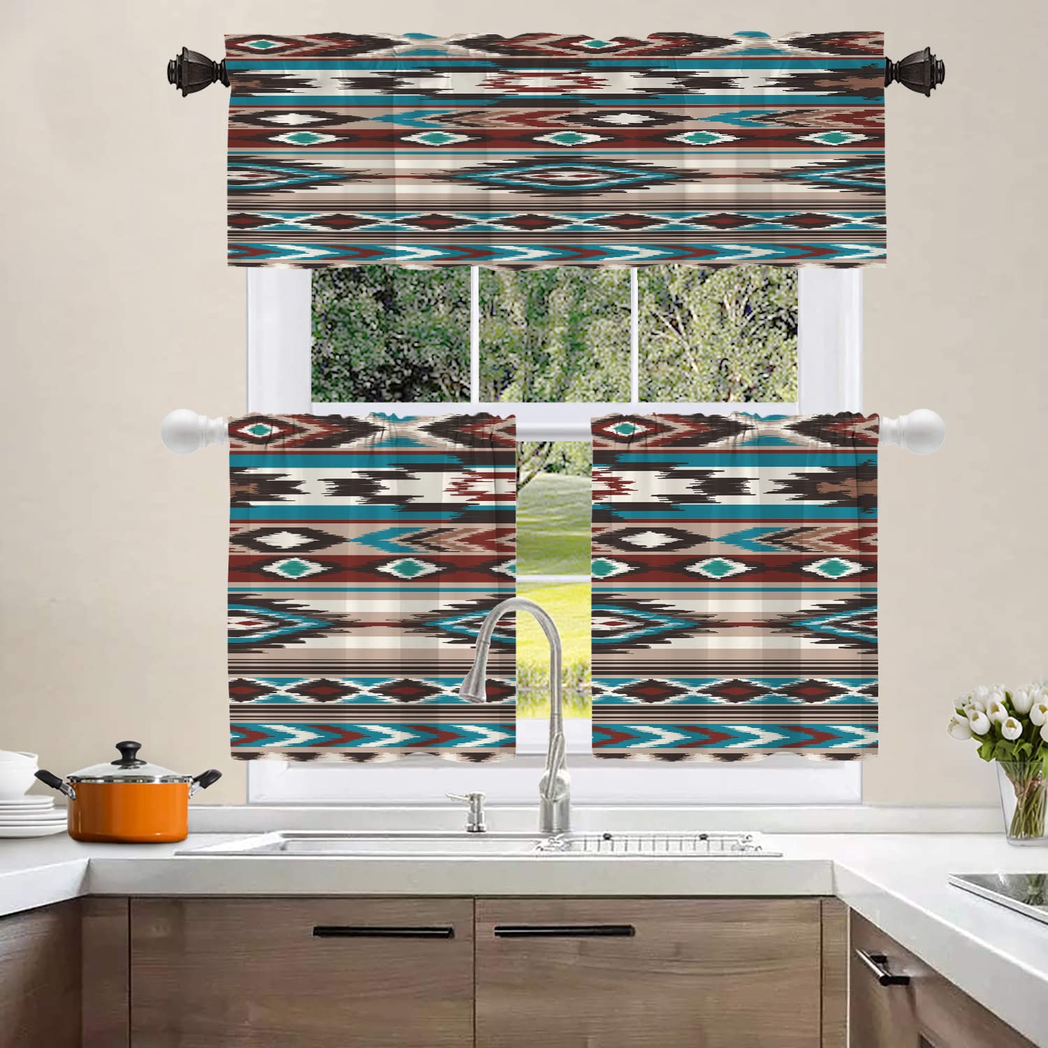 Shrahala Aztec Print Kitchen Valance - 52x18 Inch Native American Pattern Window Curtain in Pink & Green | Perfect for Southwestern Decor, Farmhouse Kitchens & Boho Home Styling