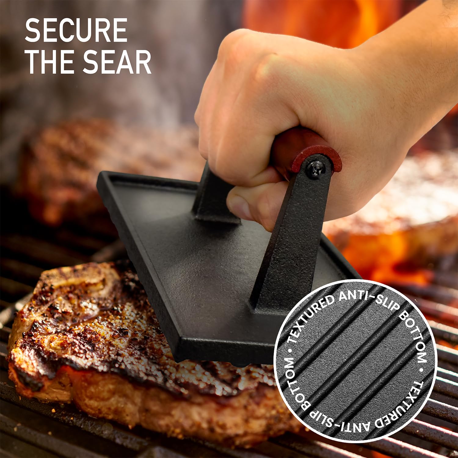 Heavy Duty Cast Iron Grill Press - 8 x 4 Inch Griddle Weight with Cool-Touch Wood Handle - Pre-Seasoned Non-Stick Steak Press for Burgers, Paninis & Sandwiches - Perfect for BBQ, Grilling & Indoor Cooking