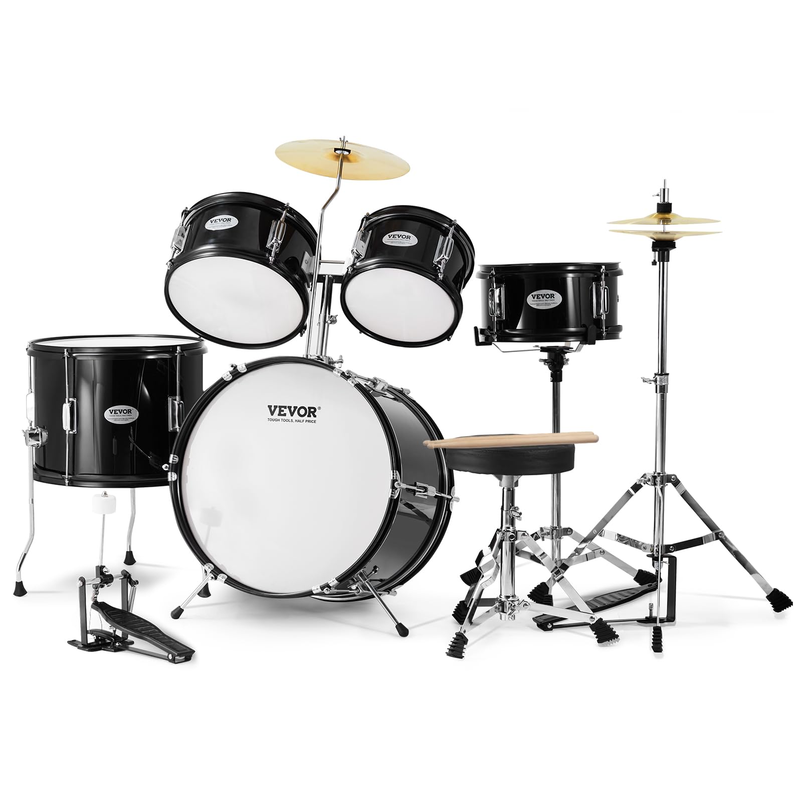 VEVOR 5-Piece Junior Drum Set for Kids & Beginners - 16 Inch Adjustable Drum Kit with Throne, Sticks, Cymbal, Pedal, Tom Snare Bass - Perfect Starter Drumset for Children's Music Practice & Home Play (Black)