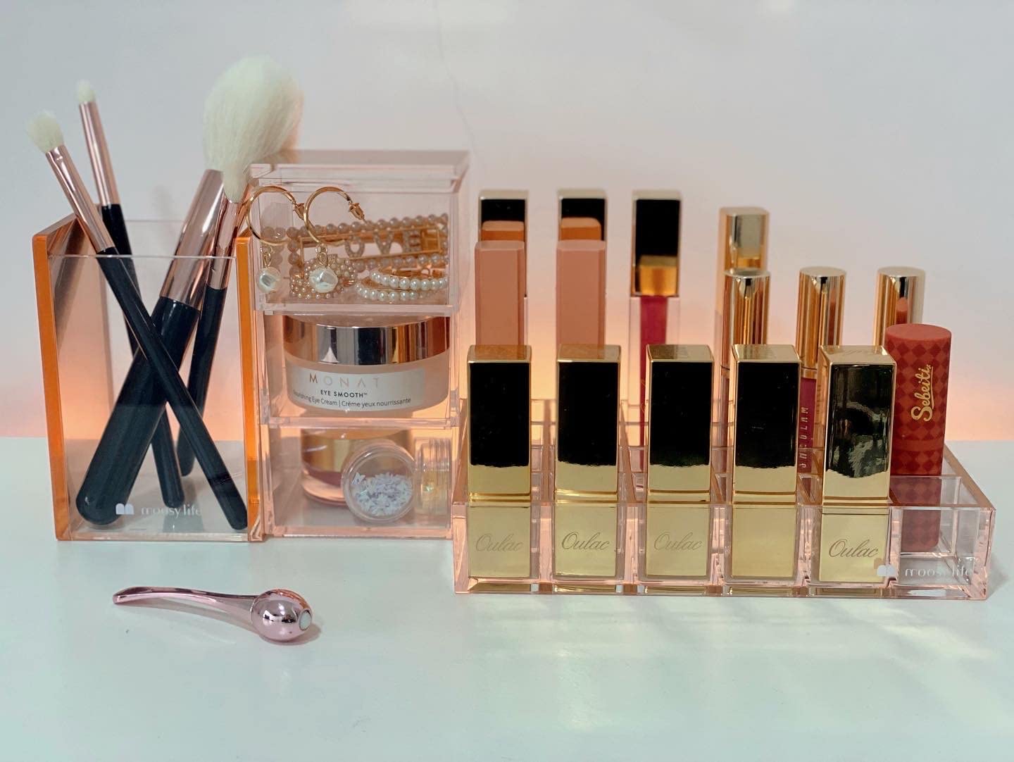 Moonlight Rose Gold Acrylic Lipstick Holder & Organizer - 24 Slot Makeup Storage for Vanity or Drawer | Perfect for Cosmetic Display & Beauty Counter Organization