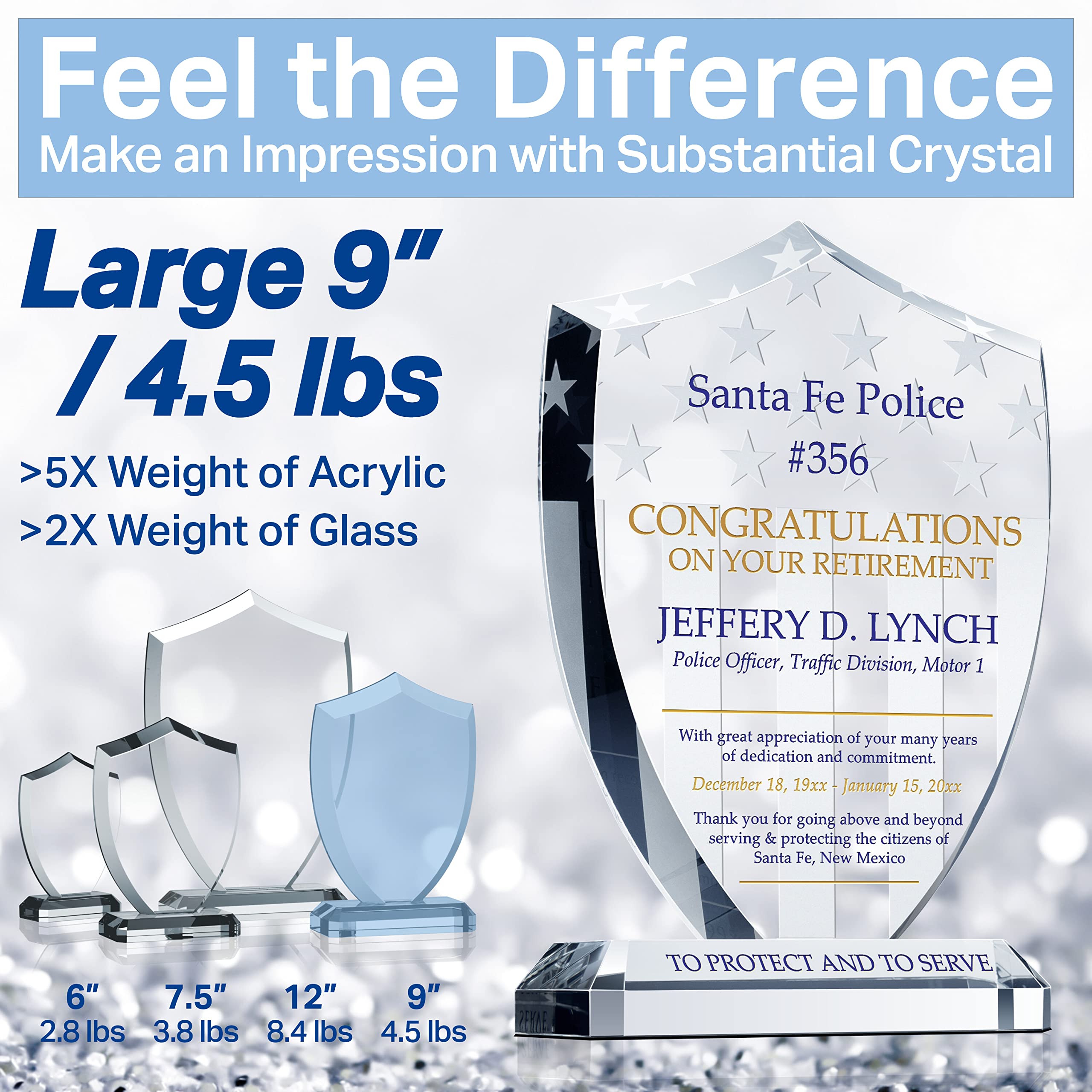 Custom Police Retirement Gift Plaque - Personalized Crystal Shield with Stars & Stripes, Engraved Name & Service Years - Unique Retirement Present for Men & Women Officers (7.5 Inch) - Perfect for Retirement Ceremonies, Office Decor & Appreciation Gifts