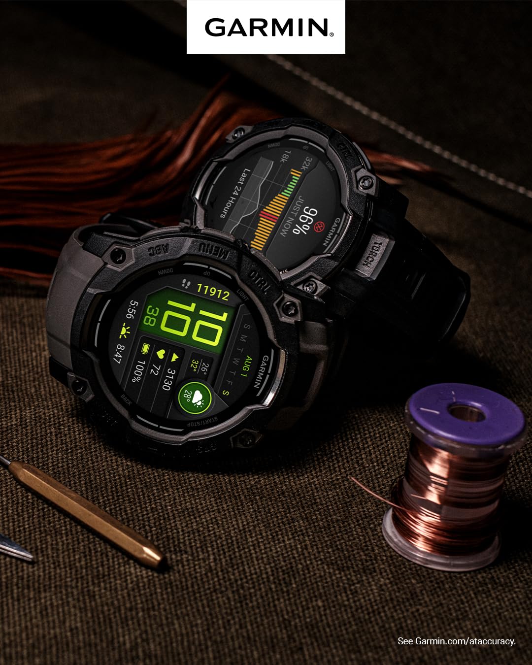 Garmin Instinct 3 50mm AMOLED GPS Smartwatch - Rugged Outdoor Watch with Metal Bezel, Built-in Flashlight, 24-Day Battery Life (Neo Tropic/Twilight) | Tactical Bundle for Hiking, Camping & Military Use