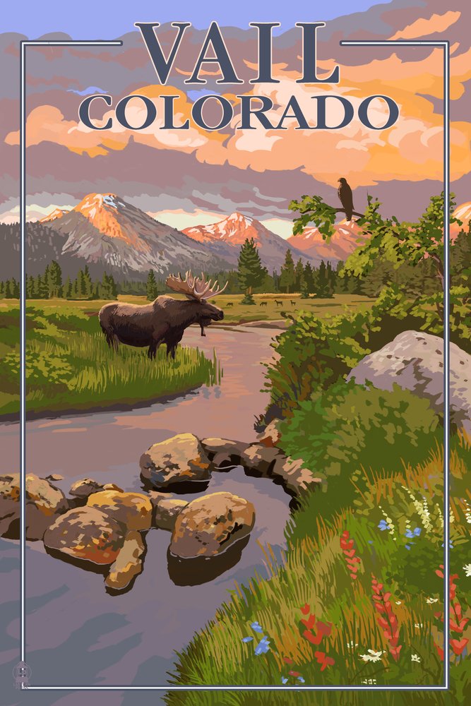Lantern Press 16x24 Inch Giclee Art Print - Vail Colorado Landscape with Moose and Mountain Stream at Sunset - Perfect for Home Decor, Office Wall Art & Nature Lover Gifts