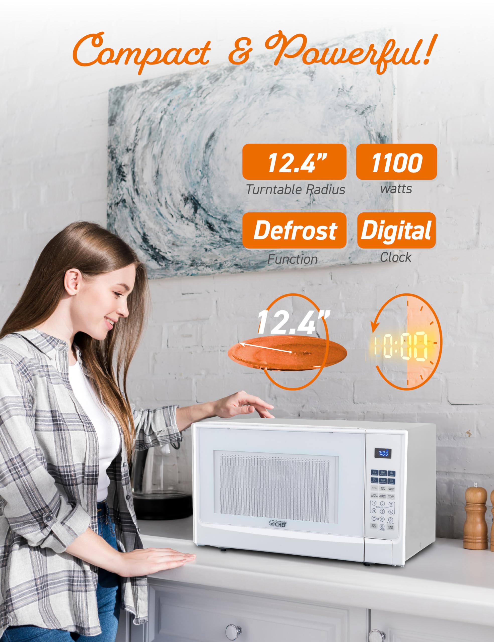 Commercial Chef 1.4 Cu Ft Countertop Microwave - 1100W with 10 Power Levels, Digital Control Panel & Timer, Push Button Operation (White) - Perfect for Small Kitchens, Dorms, Offices & RVs