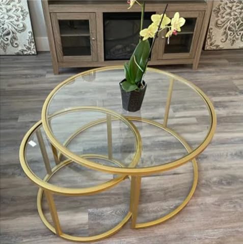 Modern Round Nesting Coffee Table Set of 2 - Gold Metal Frame & Tempered Glass Side Tables for Living Room, Dining Room - 31.5