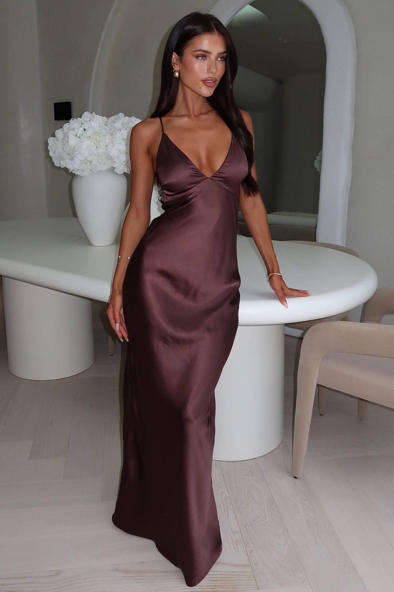 Elegant Gilbert V-Neck Satin Maxi Dress in Brown - Perfect for Weddings, Parties & Special Occasions
