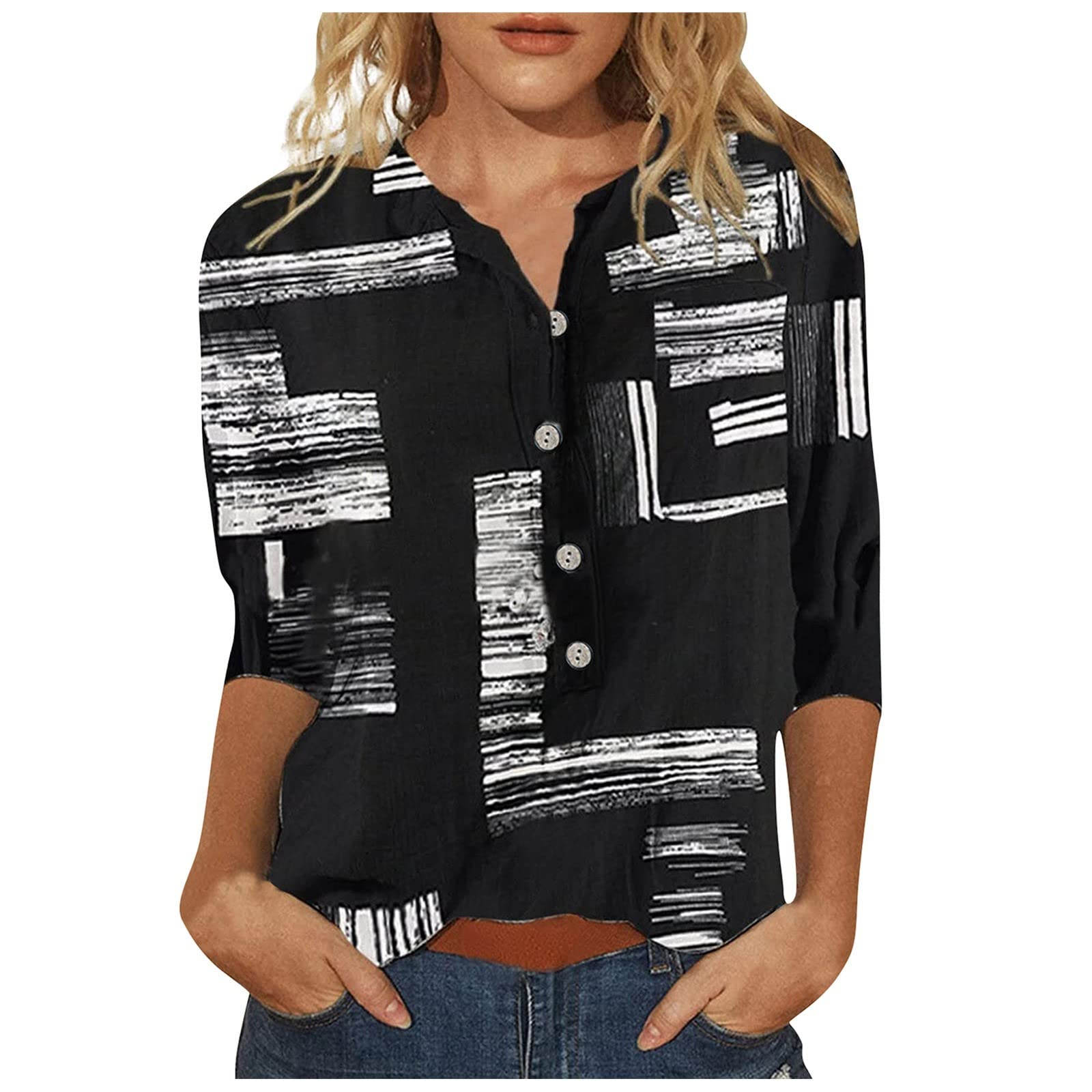 Women's Summer Tops - Floral Printed V-Neck Button Down Shirts with 3/4 Sleeves | Casual Graphic Tees for Beach, Office & Date Nights