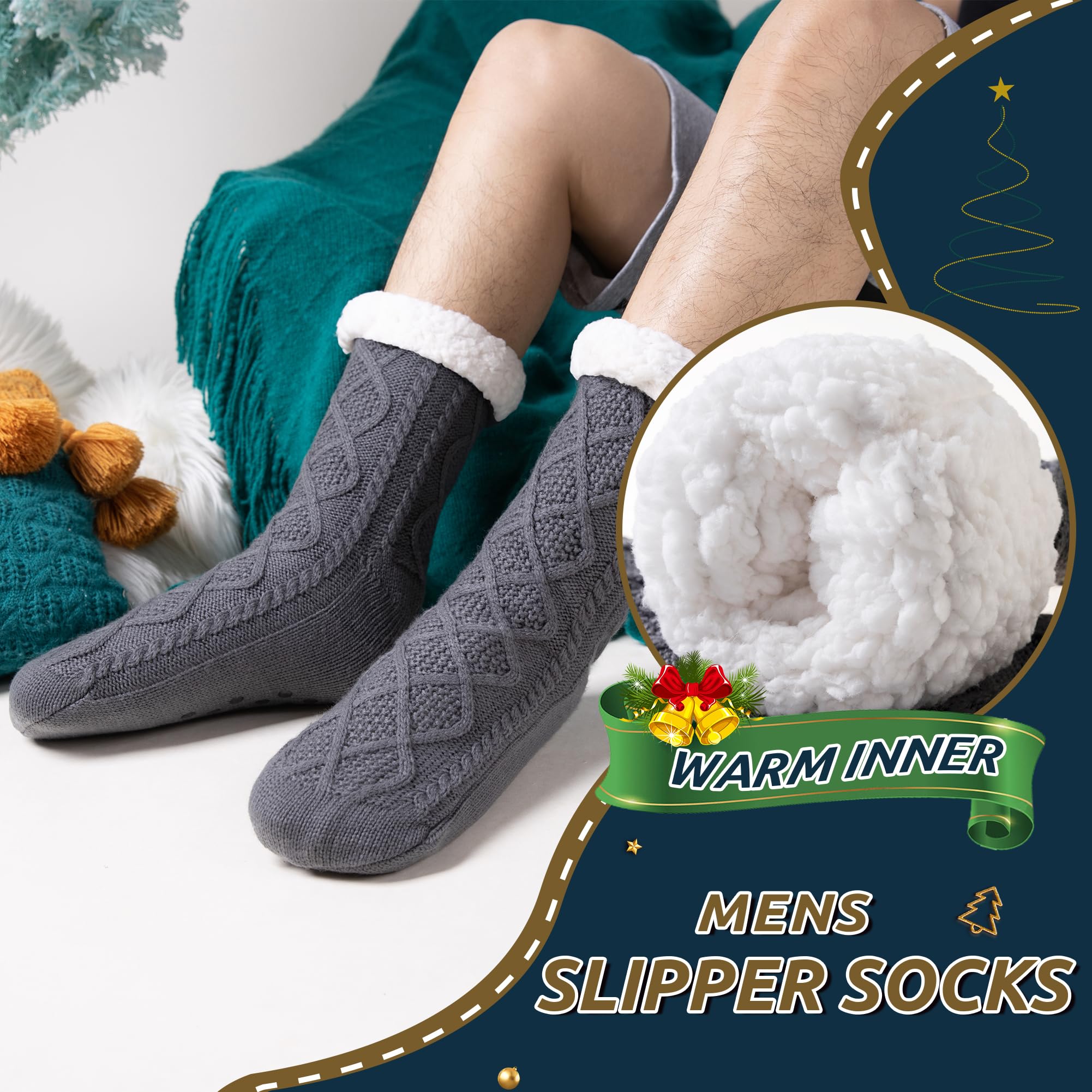 Men's Fleece Lined Extra Thick Winter Slipper Socks - Cozy Non-Slip Fuzzy Home & Sleeping Socks for Indoor Comfort & Warmth