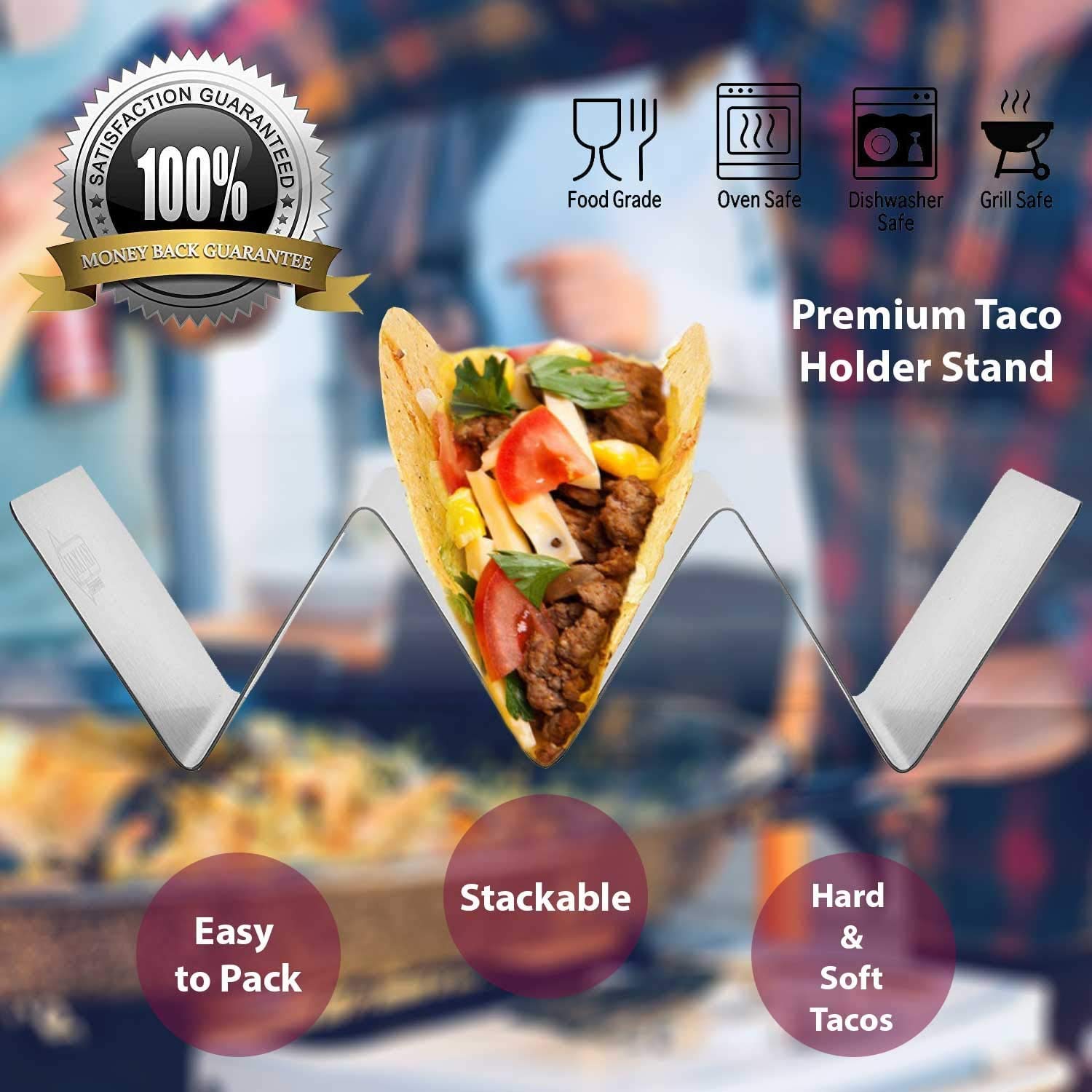 Premium Stainless Steel Taco Holder Set of 2 - Durable Taco Stand & Serving Rack for Parties, BBQs, and Family Taco Nights