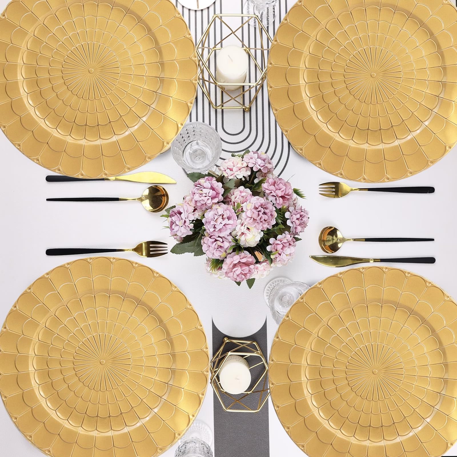12-Pack Gold Plastic Charger Plates - Elegant Decorative Dinner Plates for Holiday Table Settings, Thanksgiving & Christmas Celebrations - Perfect for Weddings, Parties & Formal Dining Events