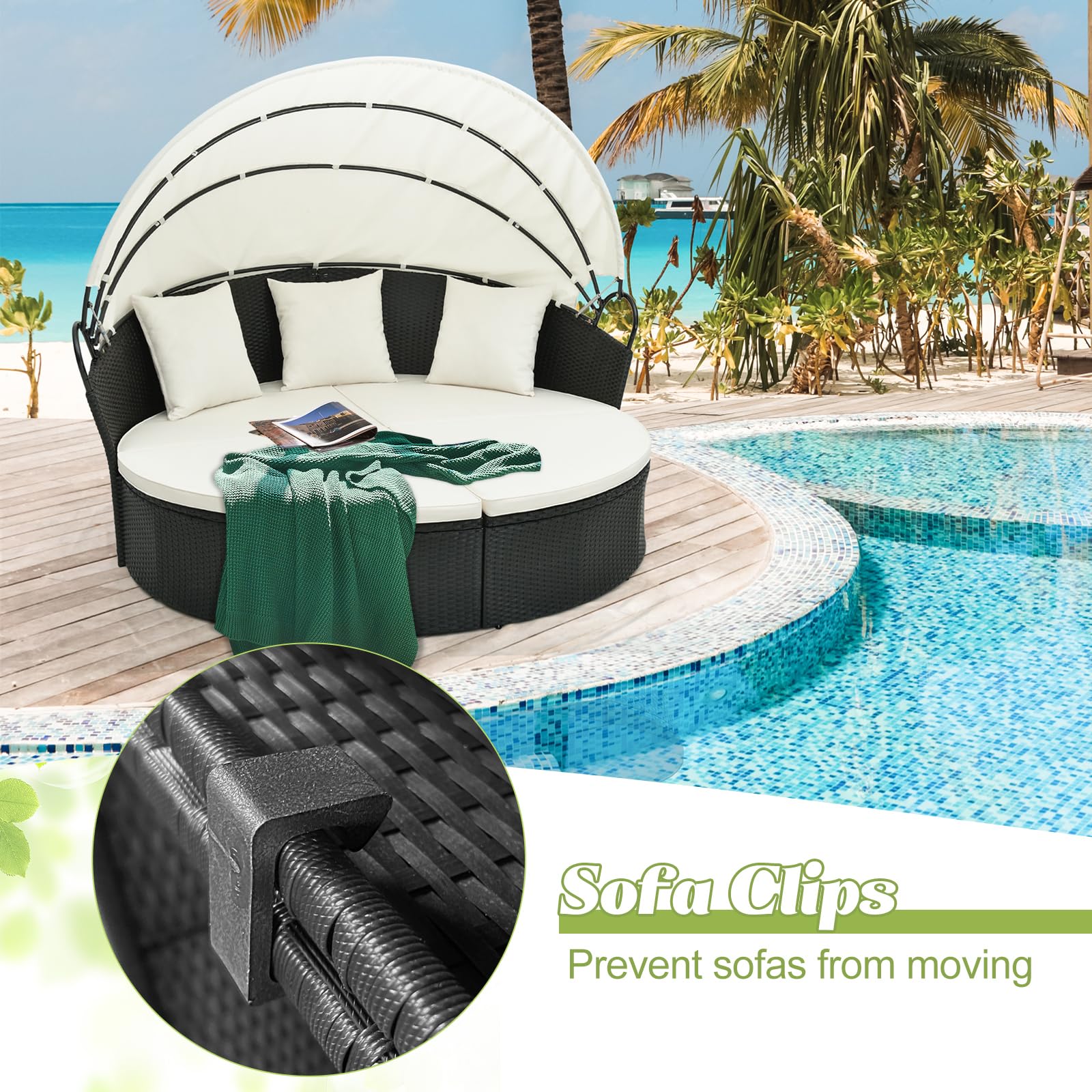 Tangkula Outdoor Patio Round Daybed with Retractable Canopy - Black Rattan Wicker Sectional Sofa with Cushions & Pillows - Backyard Lounge Furniture for Poolside, Garden, or Deck (Off White)