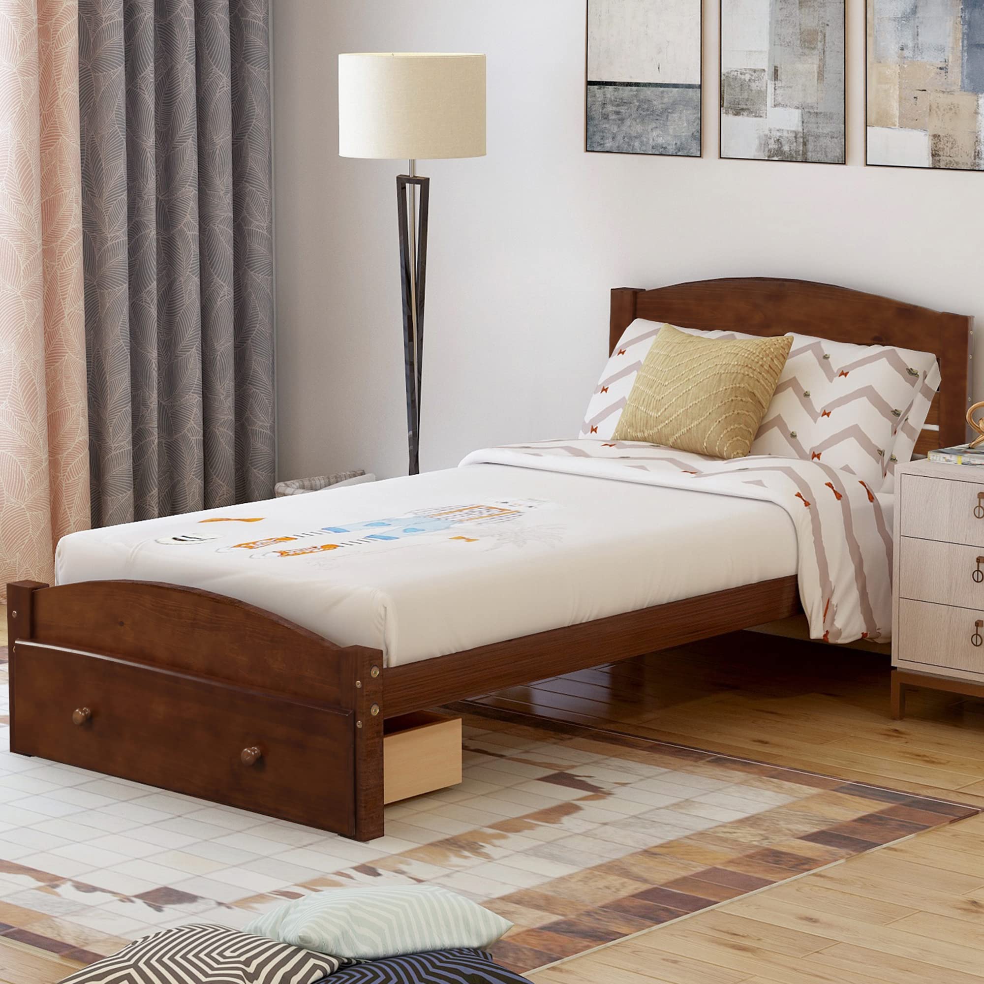 Harper & Bright Designs Wood Twin Size Kids Platform Bed Frame with Storage Drawer & Headboard - No Box Spring Needed, Wood Slat Support - Walnut Finish | Perfect for Children's Bedrooms, Guest Rooms & Small Spaces