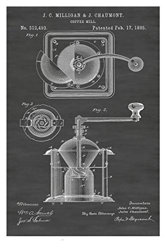 Vintage Coffee Grinder Mill Poster - Multiple Sizes & Colors, Patent Print Wall Art for Coffee Lovers, Barista Gift & Cafe Decor, Museum Quality Line Art Design Diagram | Perfect for Home, Office & Coffee Shop Decoration