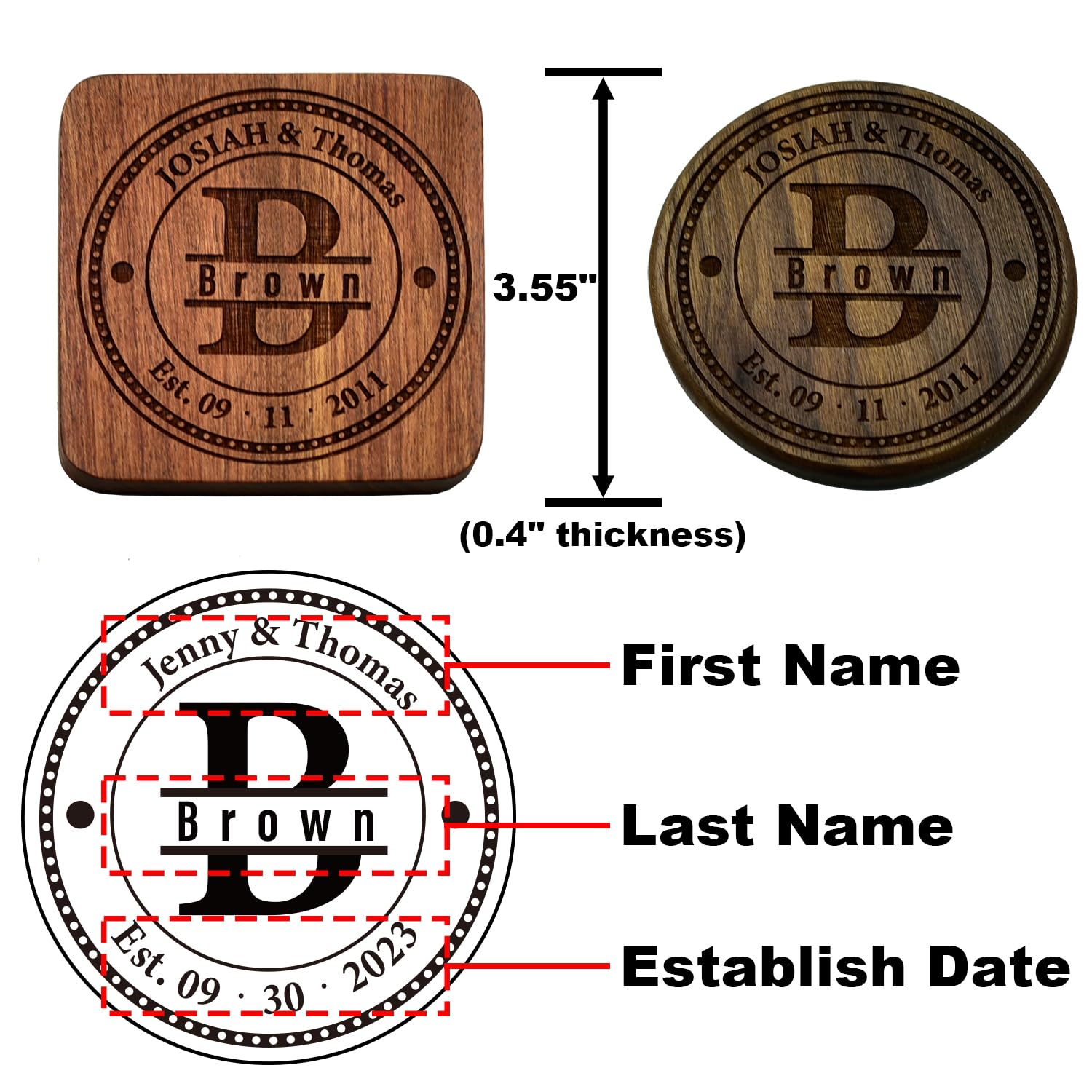 Custom Wooden Coasters Set - Personalized Wedding & Anniversary Gifts for Couples - Bar & Home Decor