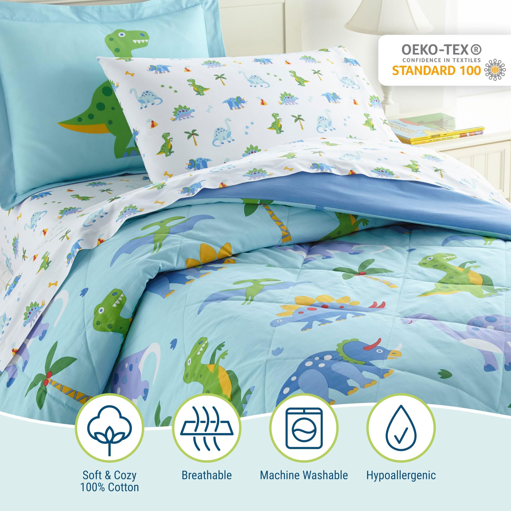 Wildkin 7-Piece Full Bedding Set - 100% Cotton Comforter, Sheets & Pillowcases - Soft & Breathable Dinosaur Themed Bedding for Kids & Teens - Perfect for Bedrooms, Sleepovers & Cozy Nights