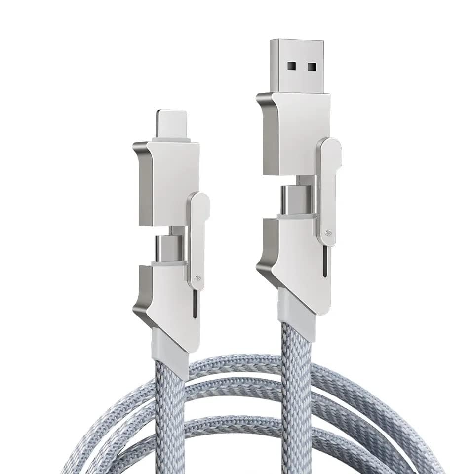 4-in-1 USB C Cable Lightning Cable 60W Fast Charging & Data Sync - Flat Braided Anti-Tangle iPhone Charger Cord with Lightning/Type C/USB A Ports (5ft) - Perfect for Home, Office, Travel & Car Charging