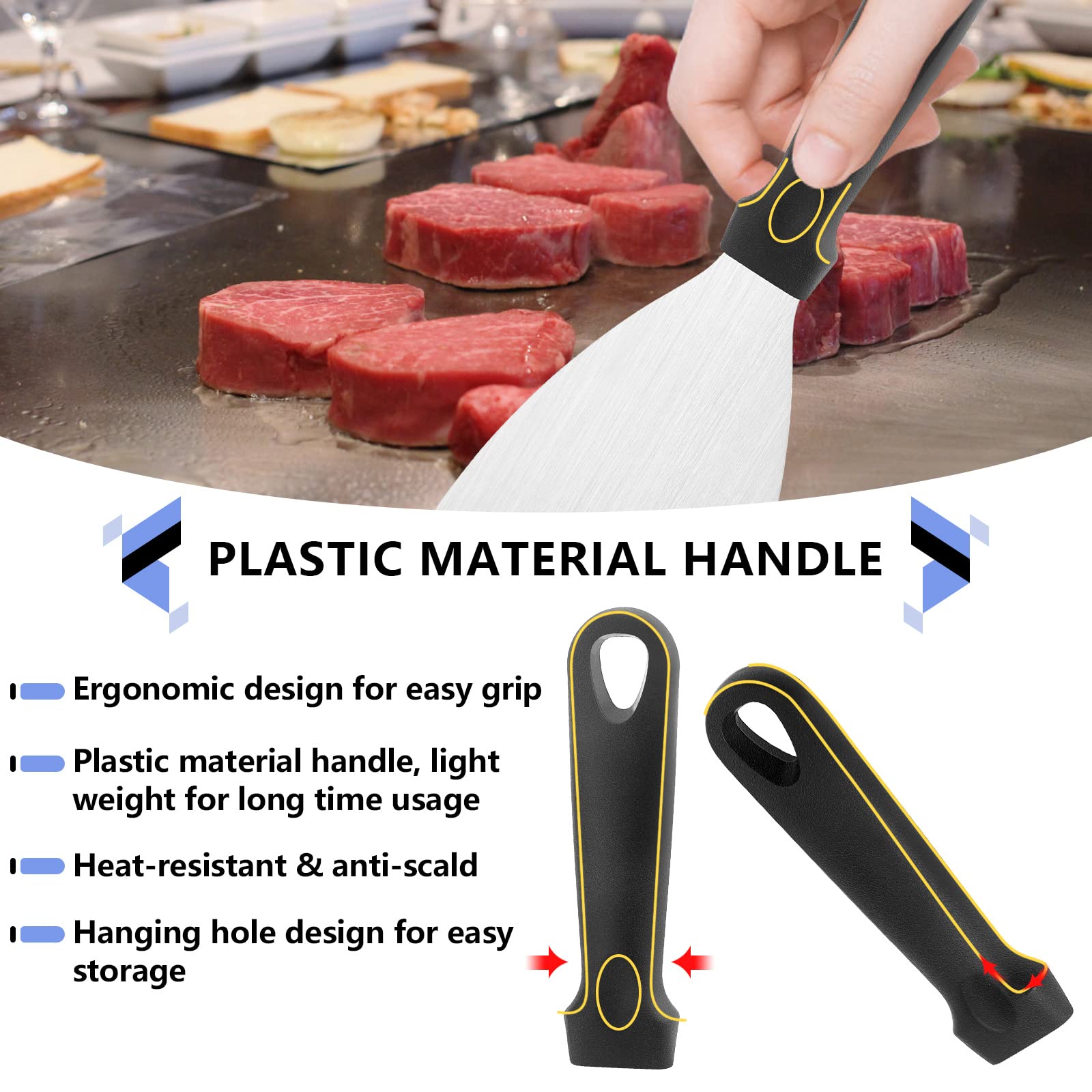 3Pcs Stainless Steel Grill Griddle Scraper Set - Heavy Duty Metal Flat Top Grill Cleaner for Cast Iron, Teppanyaki & BBQ - Dishwasher Safe - Perfect for Outdoor Cooking, Camping & Backyard Parties