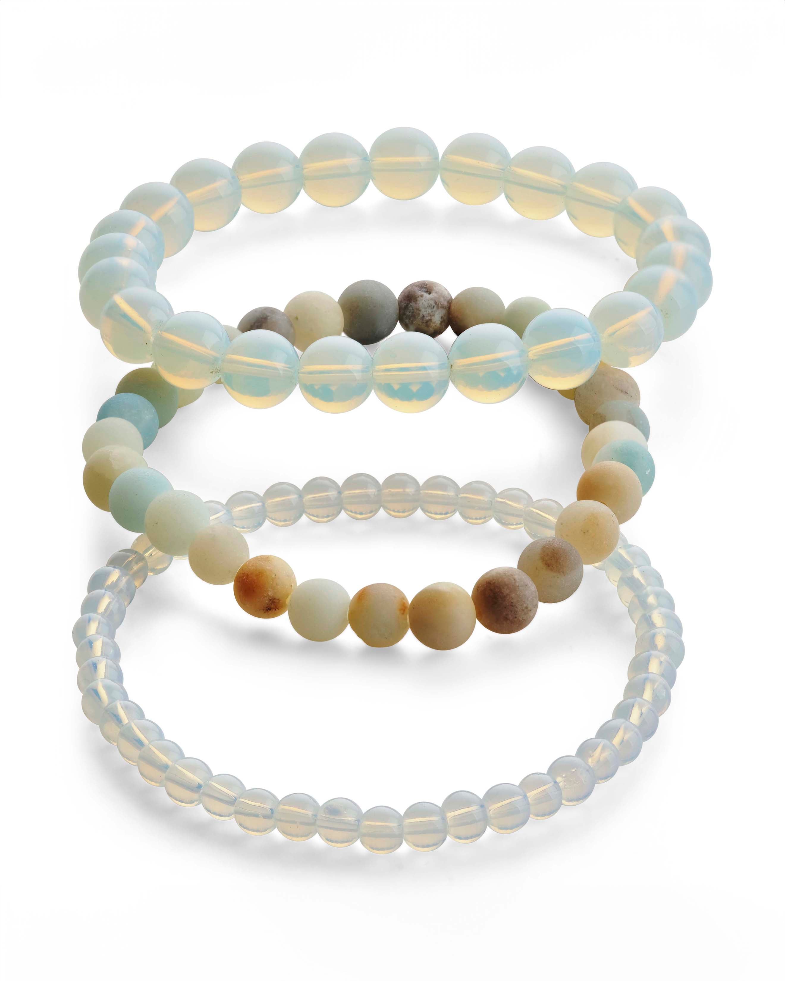 Opalite and Amazonite Stretch Bracelet Set of 3 - Adjustable Crystal Healing Bracelets for Women, Yoga, Meditation & Positive Energy