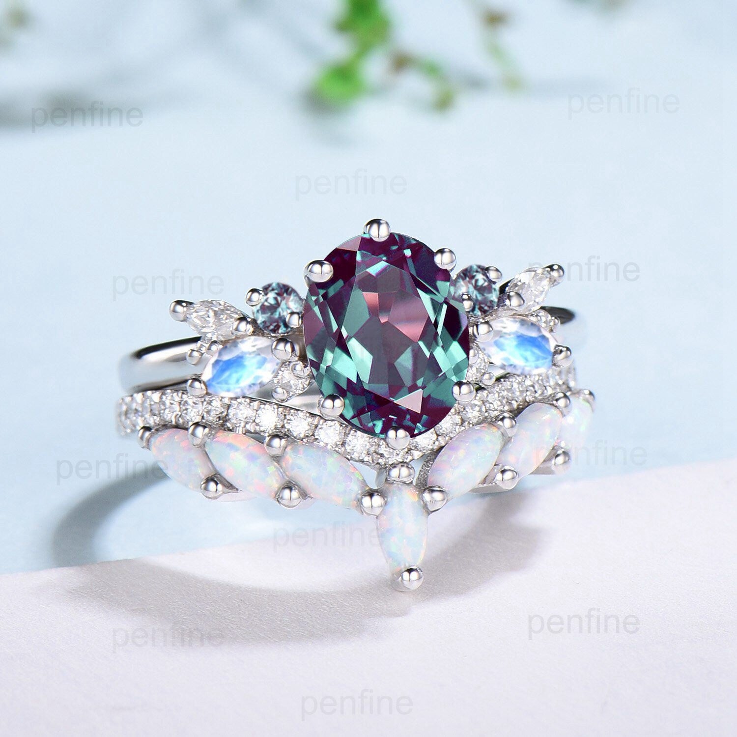Unique Alexandrite & Moissanite Engagement Ring Set - Vintage Marquise Moonstone & White Opal Wedding Ring for Women | Perfect for Bridal, Anniversary & Special Occasions
