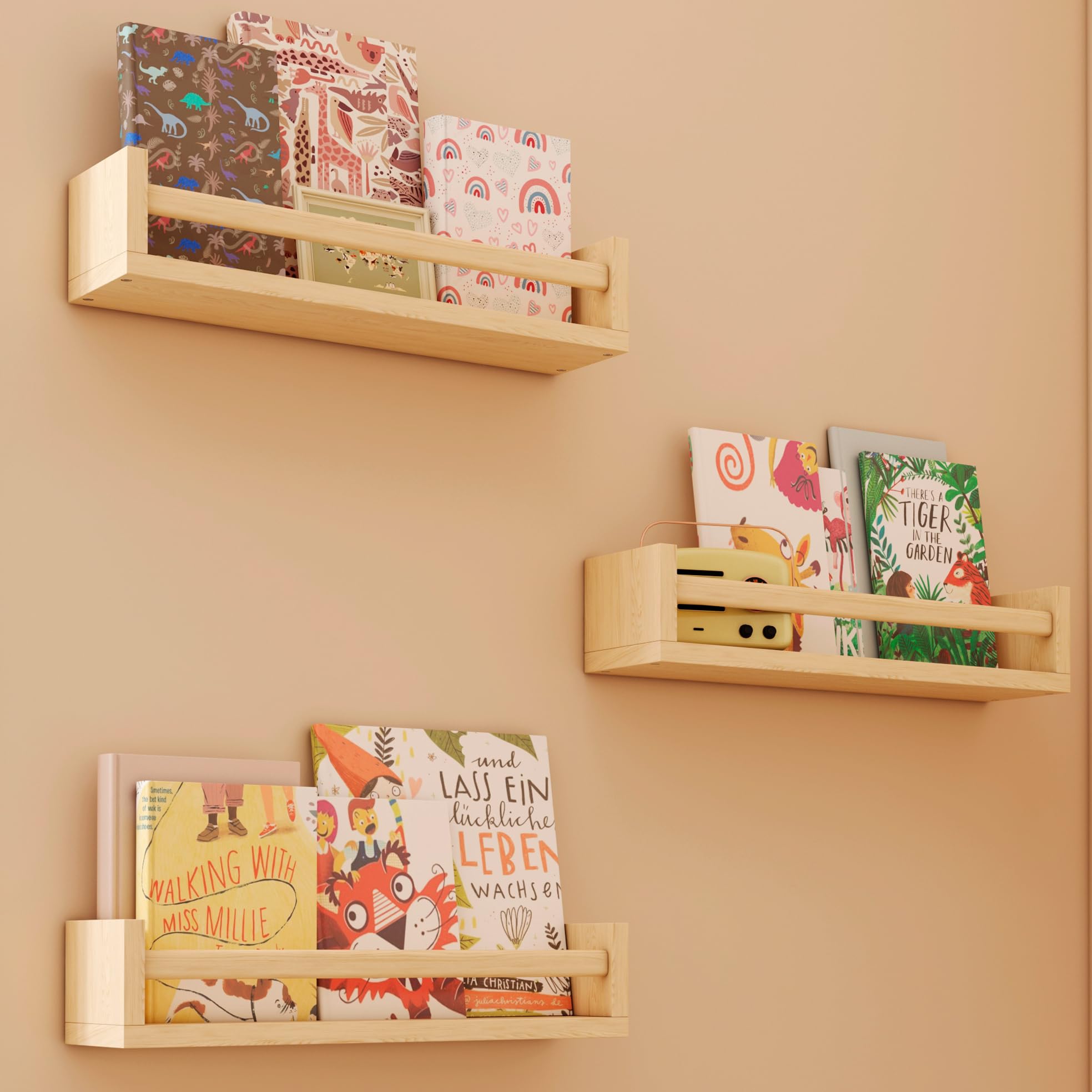 2 Pack Floating Shelves for Kids Room, Nursery, Bathroom, Bedroom, Living Room, Kitchen & Office - Solid Wood Wall Mounted Display Shelves for Books, Decor & Organizing