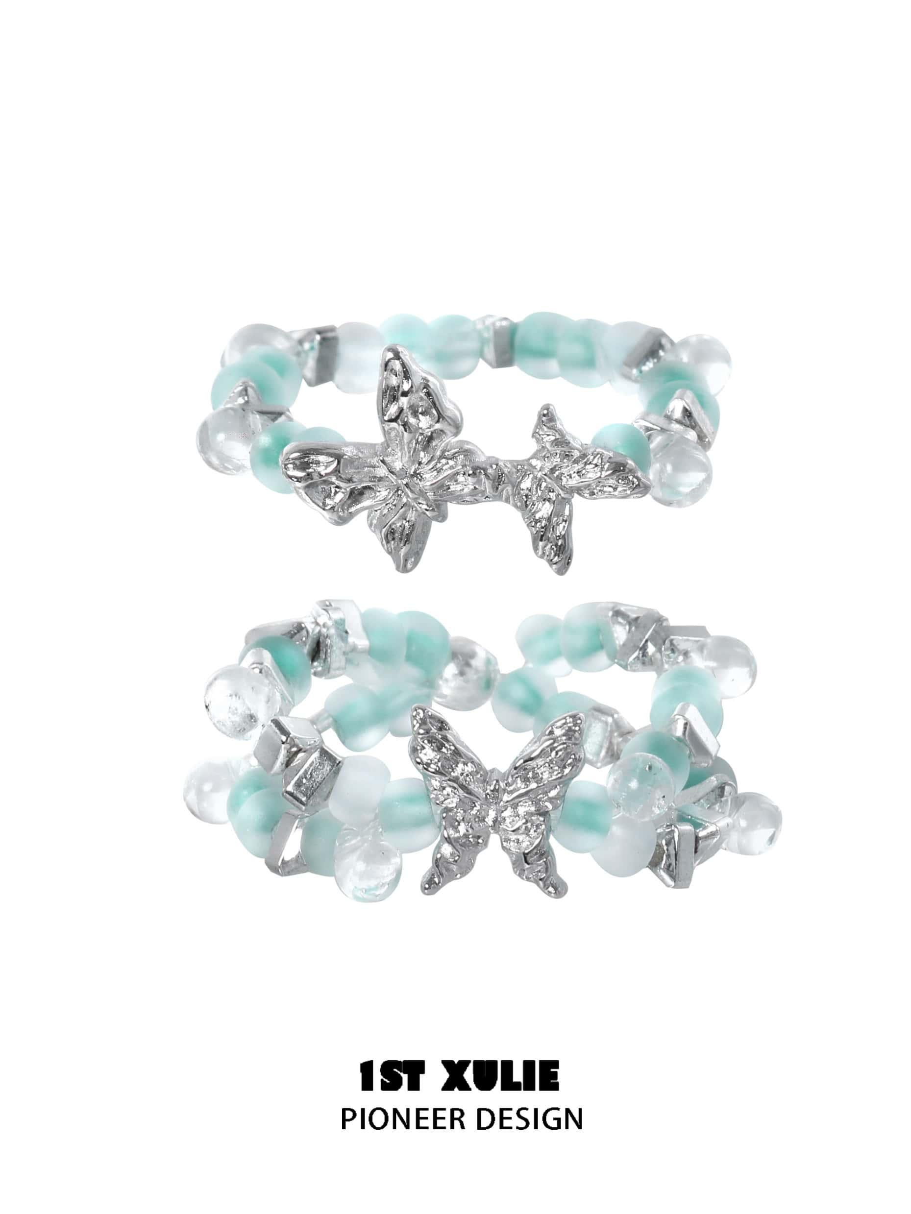 Whiterfly S925 Sterling Silver Beaded Butterfly Rings for Women - Elegant Adjustable Stackable Jewelry Gift for Her - Perfect for Weddings, Parties & Everyday Wear