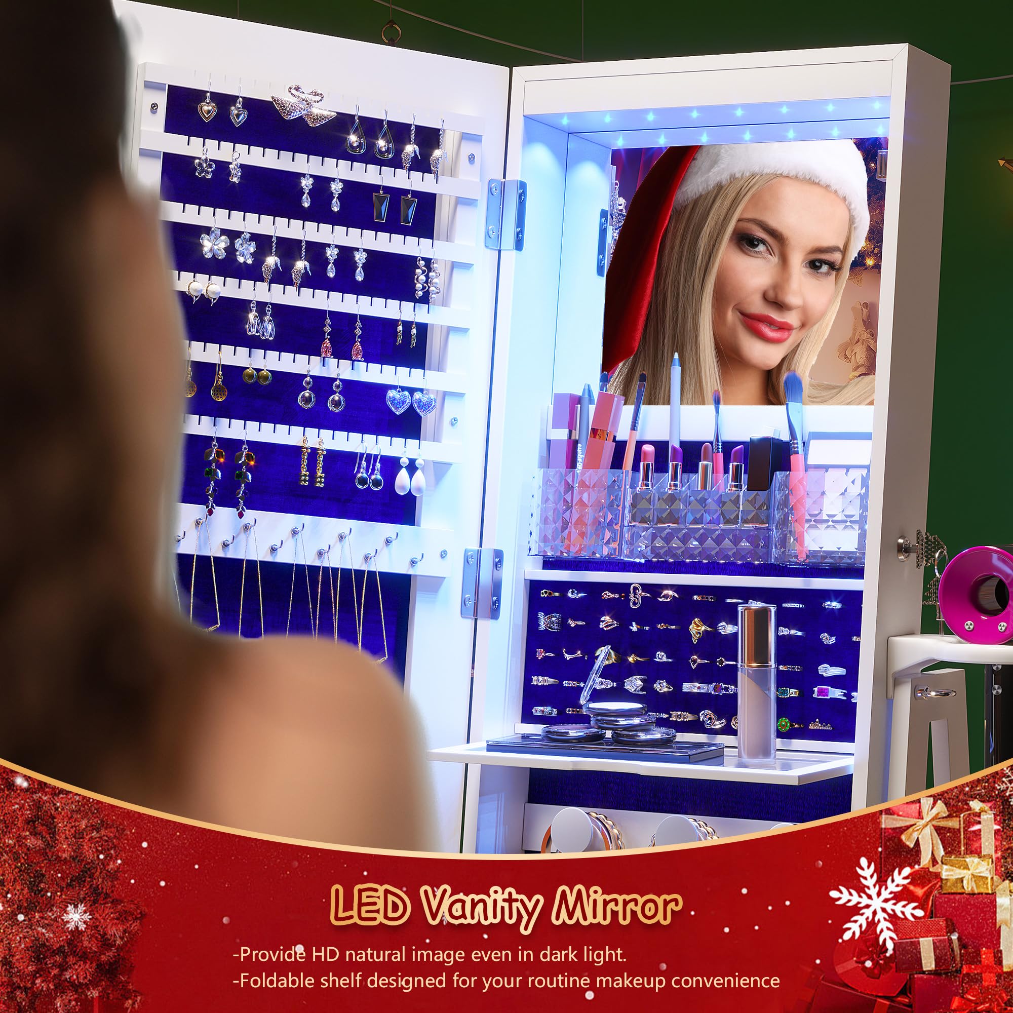HWB Full-Length Mirror with Jewelry Storage & LED Lights - 360° Swivel Standing Jewelry Cabinet Organizer with Foldable Makeup Shelf - White | Bedroom Vanity, Dressing Room & Closet Organization Solution
