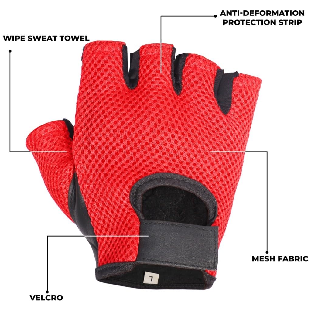 Prime Sports Leather & Mesh Fingerless Weight Lifting Gloves for Gym, Workout & Wheelchair Use - Black/Red (WLG-021) | Ideal for Cross Training, Powerlifting & Mobility Support