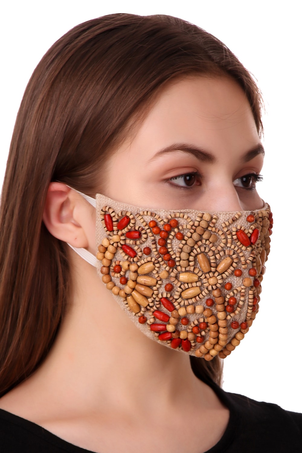 Handmade Wooden Bead Embroidered Jute Face Mask - Natural & Breathable for Yoga, Meditation & Outdoor Activities
