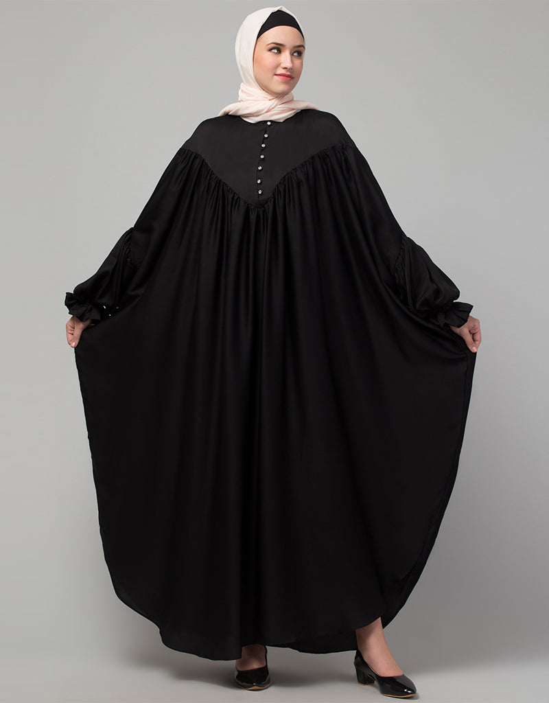 Elegant Arabic Kaftan Abaya with Yoke, Gathered Front & Back, Pleated Sleeves - One Size Fits All - Perfect for Prayer, Special Occasions & Modest Fashion