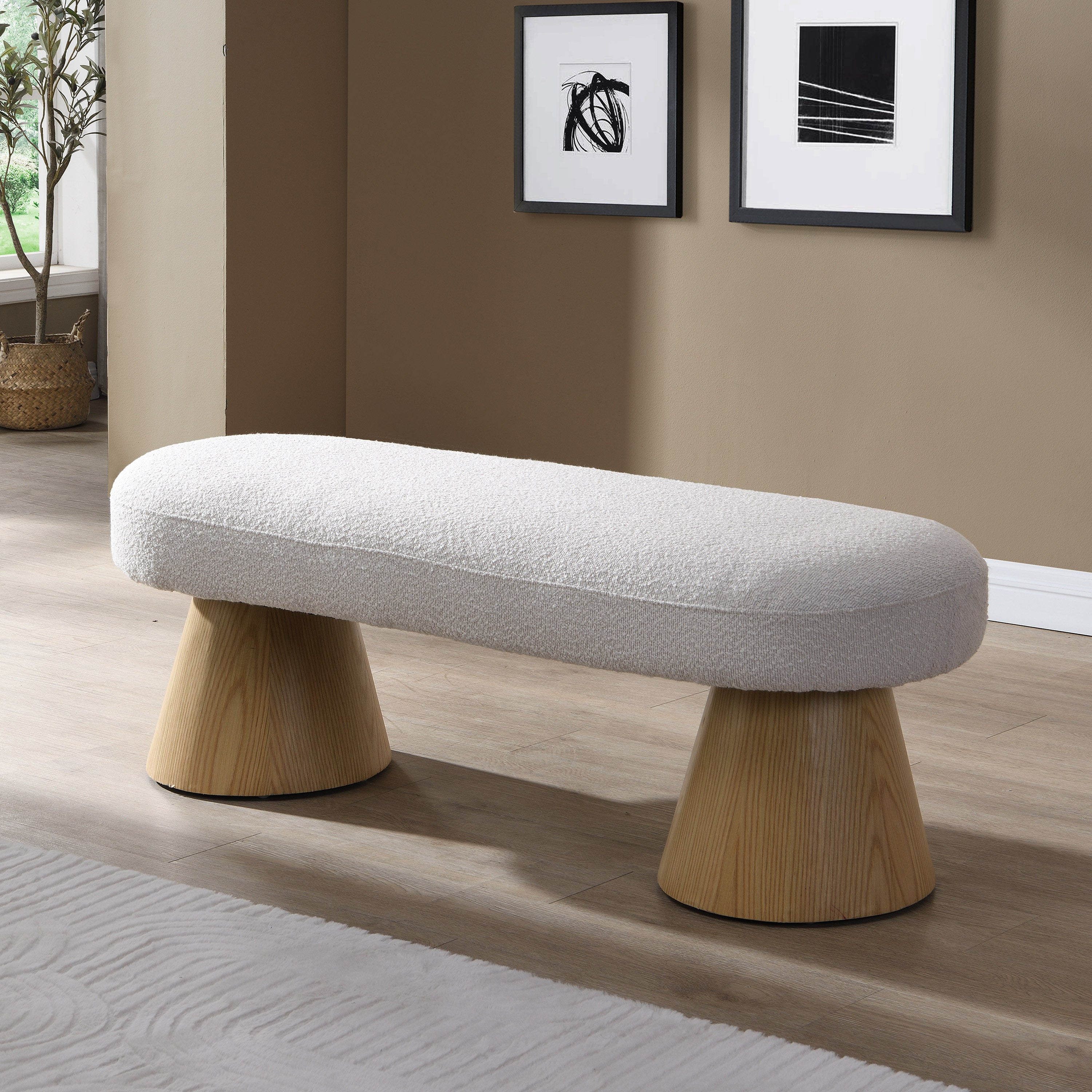 Upholstered Dining Bench with Wood Legs - 300 LBS Weight Capacity, Beige Fabric Ottoman for Bedroom, Living Room & Entryway | Perfect for Dining Room Seating, Bed End Bench or Hallway Decor