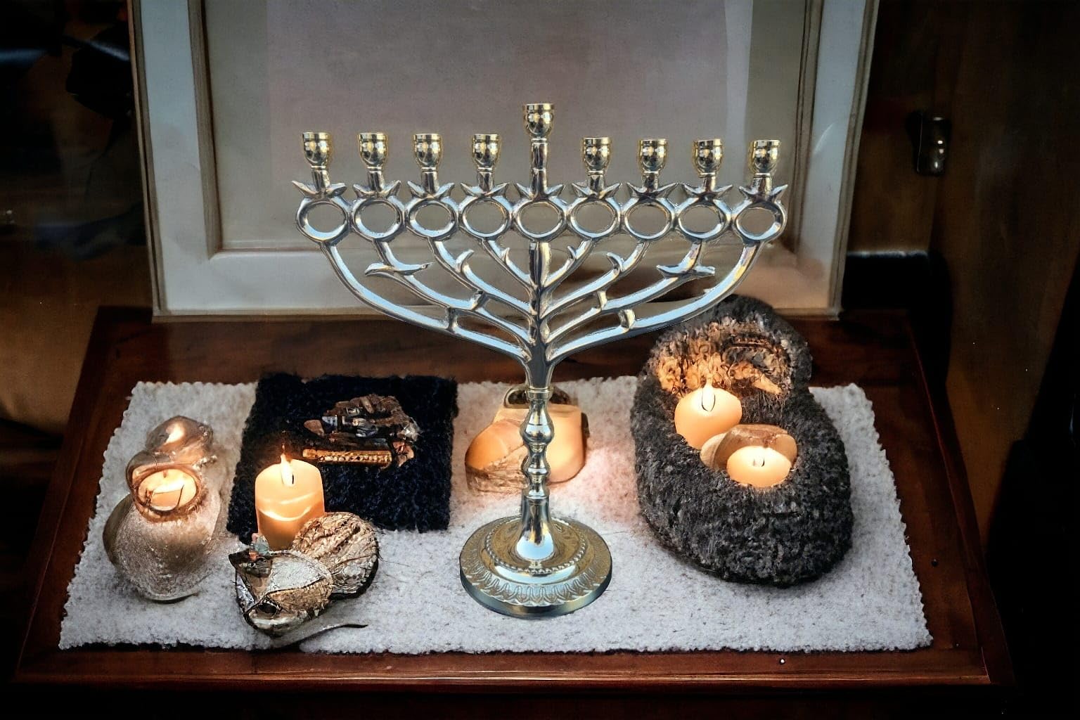 Vintage Brass Hanukkah Menorah with Pomegranate Design - 9 Branch Chanukiah Candle Holder for Jewish Holiday Decor & Home Celebration