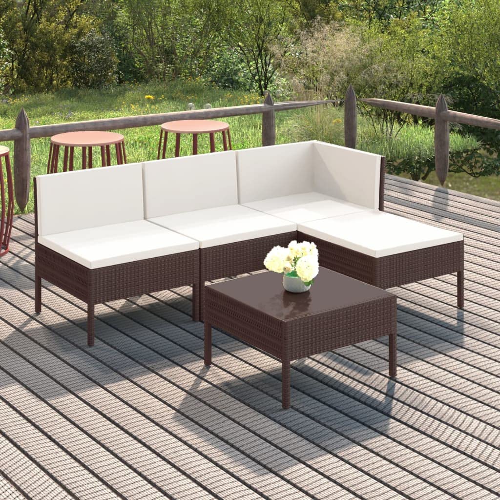 vidaXL 5-Piece Brown Poly Rattan Patio Lounge Set with Cushions - Waterproof Outdoor Garden Furniture for Poolside, Backyard & Terrace Relaxation
