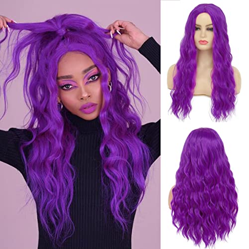 Long Curly Wavy Purple Synthetic Wig for Women - Middle Part Costume & Cosplay Hair Replacement - Perfect for Halloween, Cosplay Events, and Themed Parties