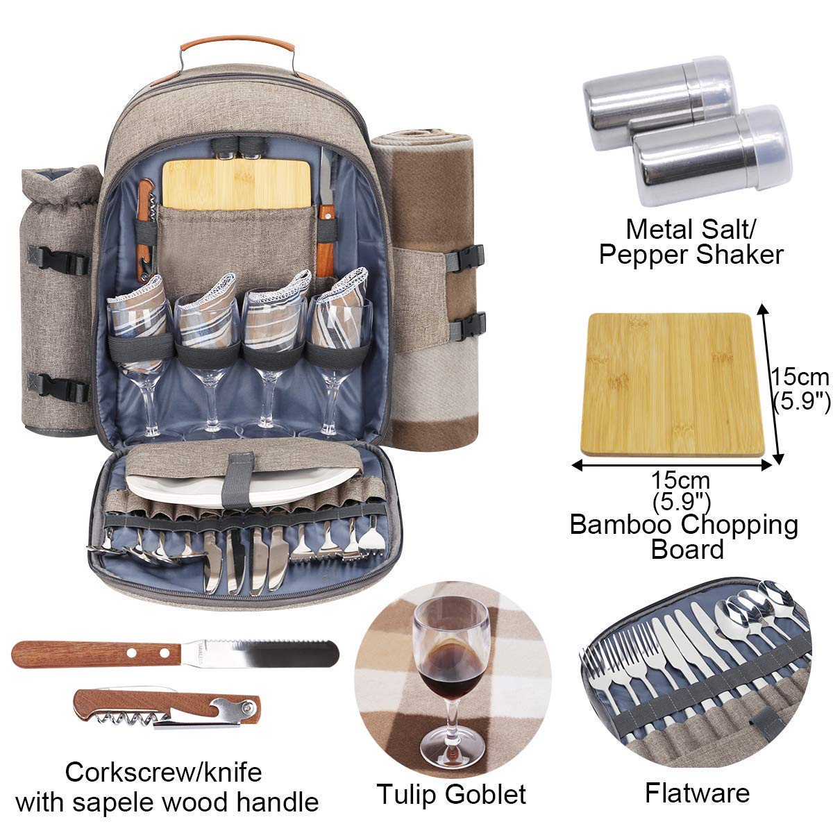 **Sunflora Insulated Picnic Backpack for 4 People – Portable Cooler Compartment, Durable & Spacious (Brush Beige & Blue Stripe) – Perfect for Beach Trips, Camping, and Outdoor Adventures**